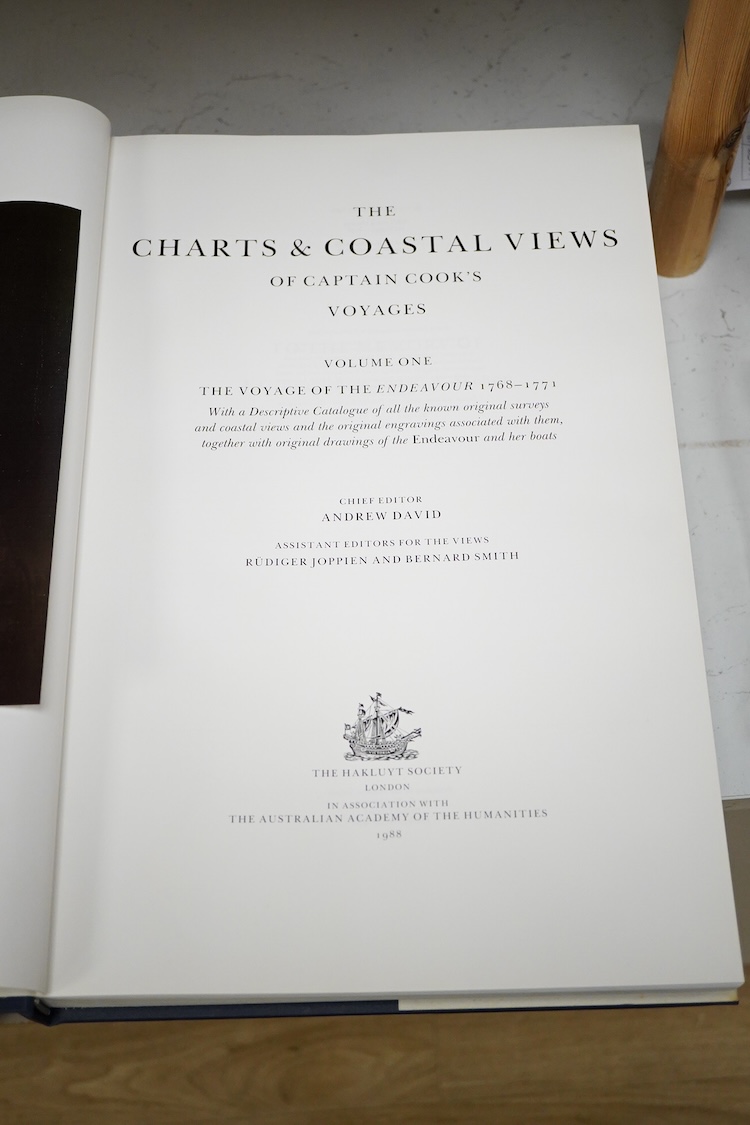 David, Andrew (editor) - The Charts & Coastal Views of Captain Cook's Voyages ... 3 vols. coloured portrait frontispieces and illus. throughout (some full page and coloured, vol. 3 with the folded chart)
